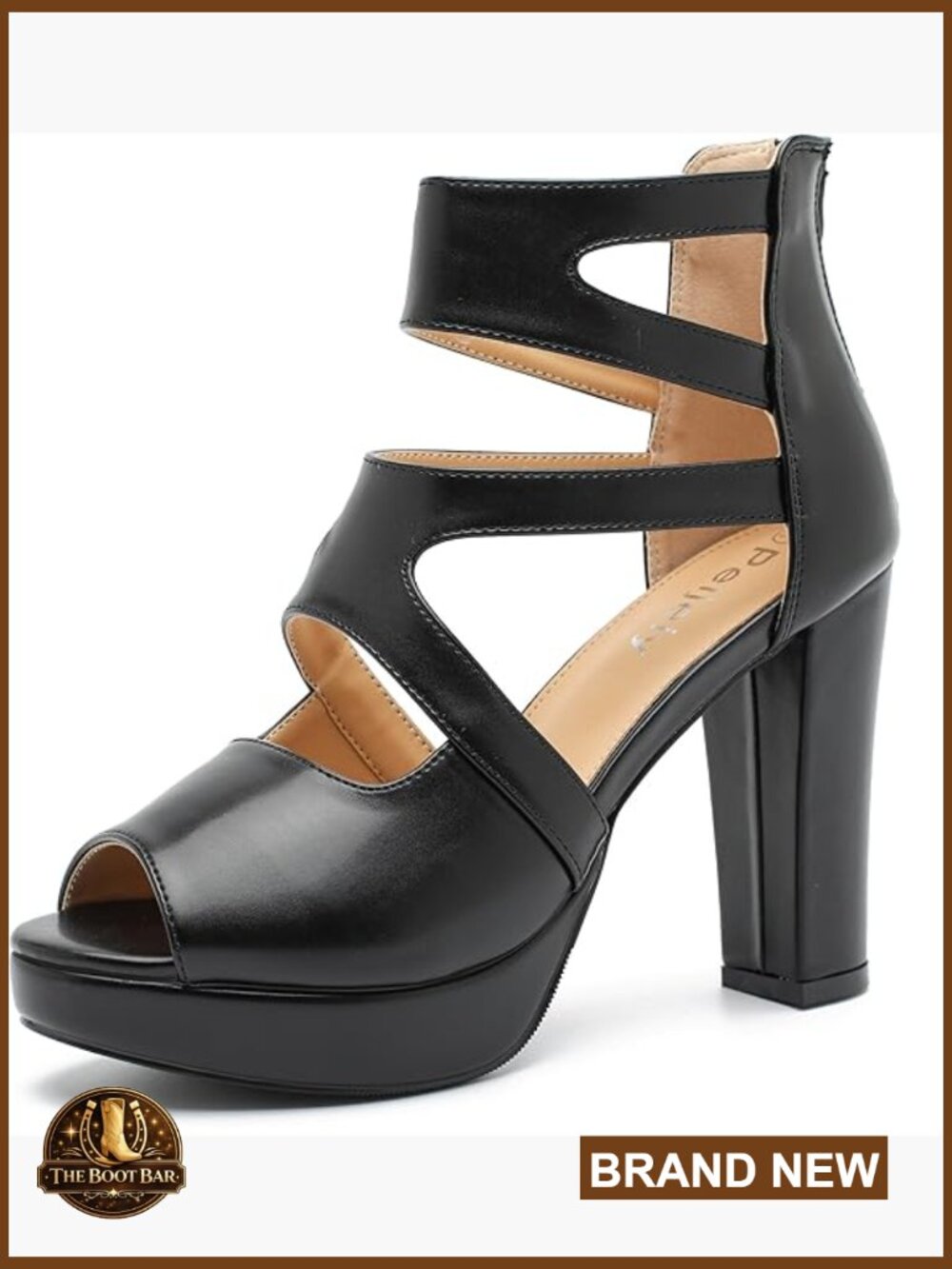 Platform Heeled Sandals, Cutout Strappy, Chunky Heel, Peep Toe, Back Zipper,